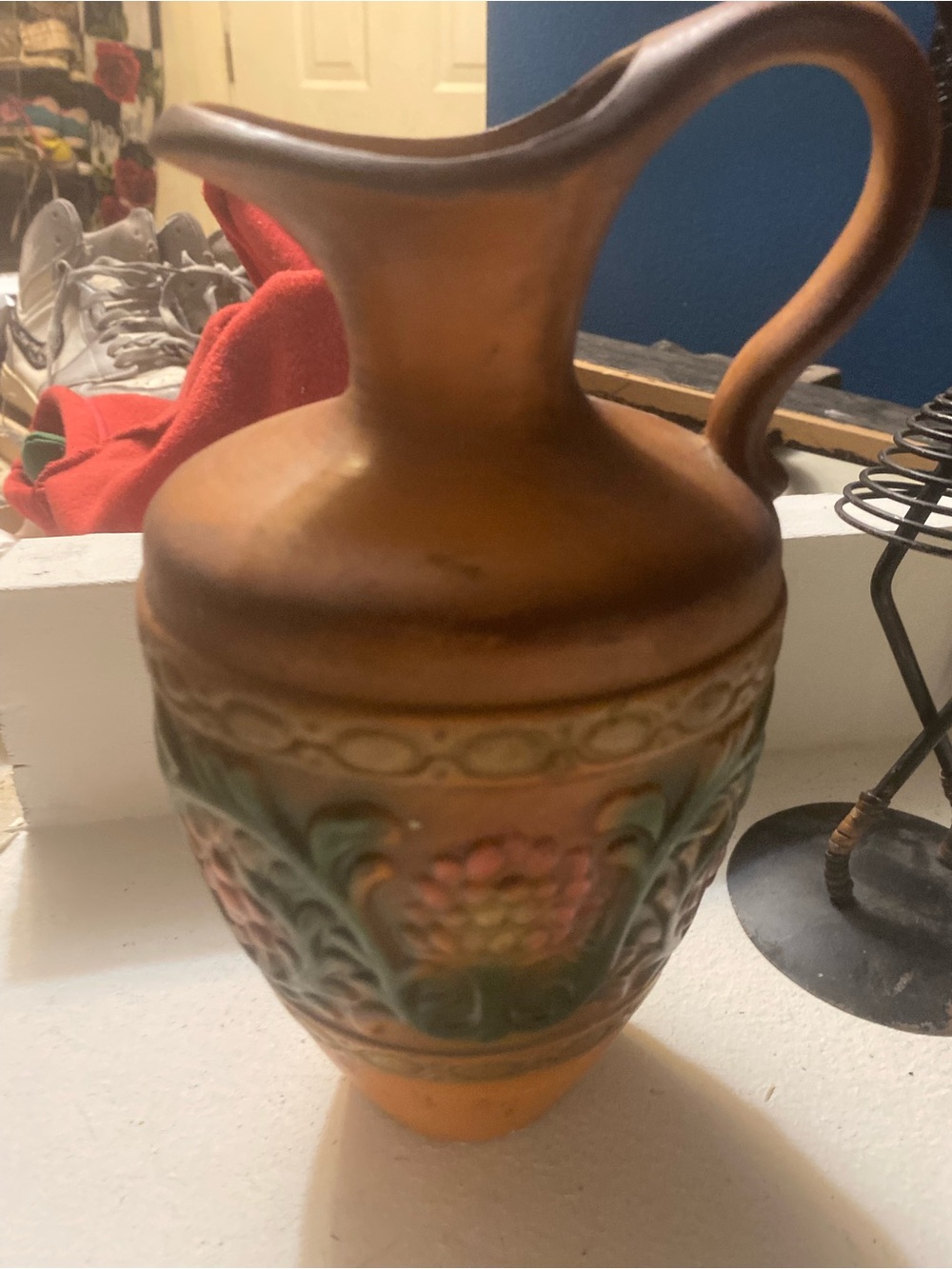 Decorative Brown Ceramic Pitcher Vase with Floral Relief